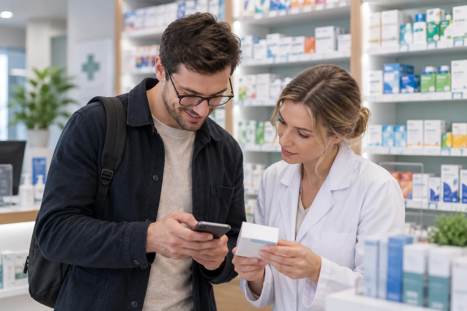 Patient showing an eRecept on a phone while a pharmacist checks a medicine pack