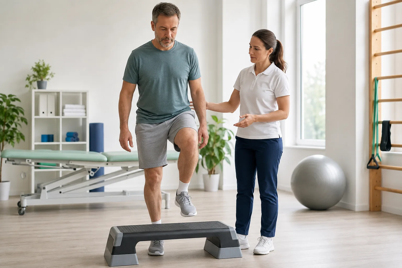 Physiotherapist guiding a patient through a balance exercise during rehabilitation after injury