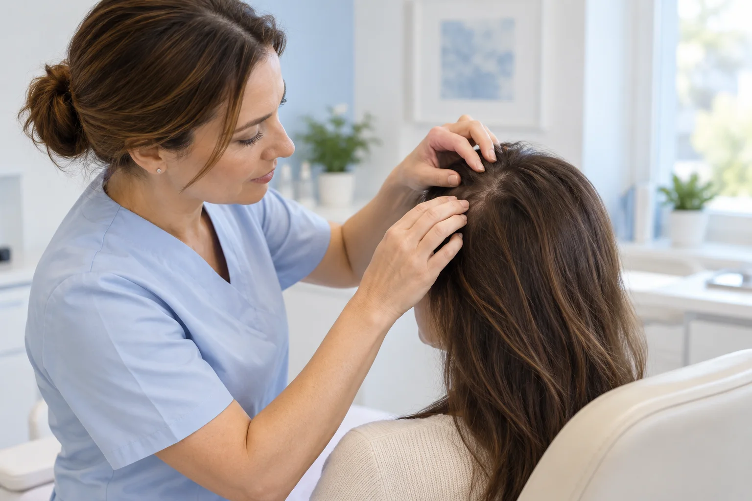 Illustrative scene of a doctor examining a patient’s hair and scalp during a dermatology consultation