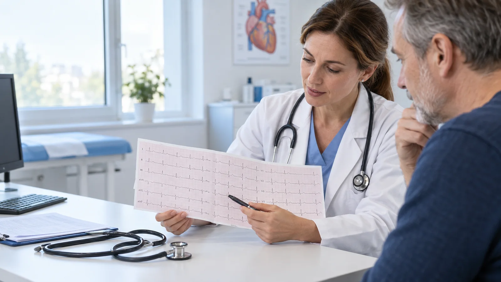 Illustrative cardiology consultation and review of an ECG. Illustrative cardiology consultation and review of an ECG.