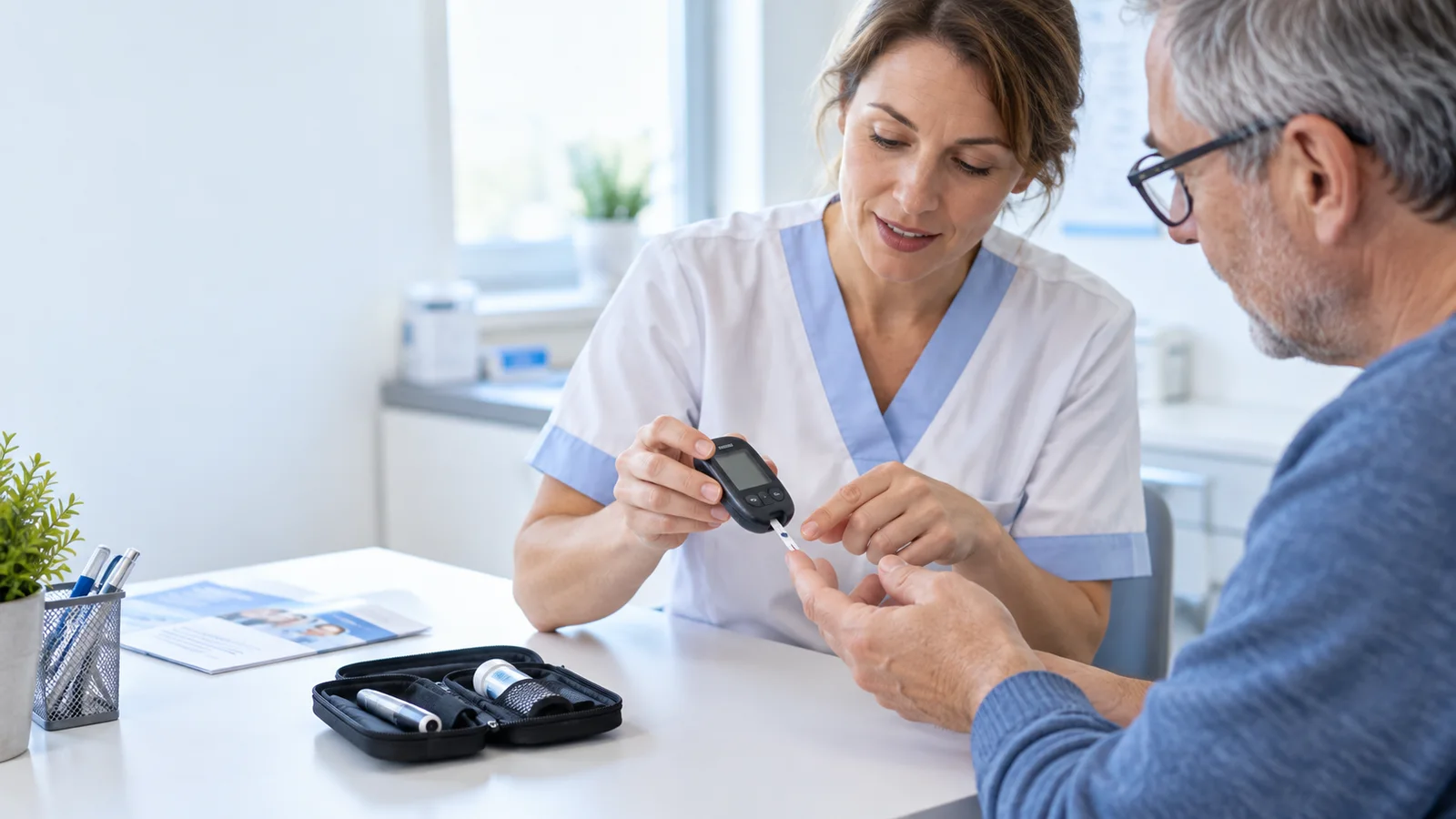 Illustrative patient education on using a blood glucose meter.