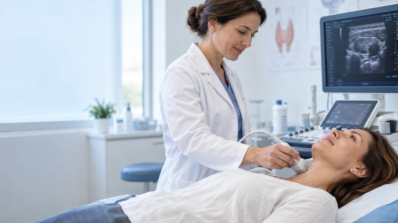 Illustrative ultrasound examination of the thyroid gland. Illustrative ultrasound examination of the thyroid gland.