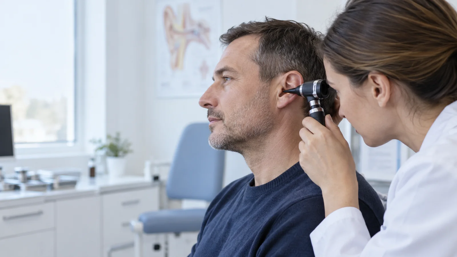 Illustrative ENT examination of an ear with an otoscope.