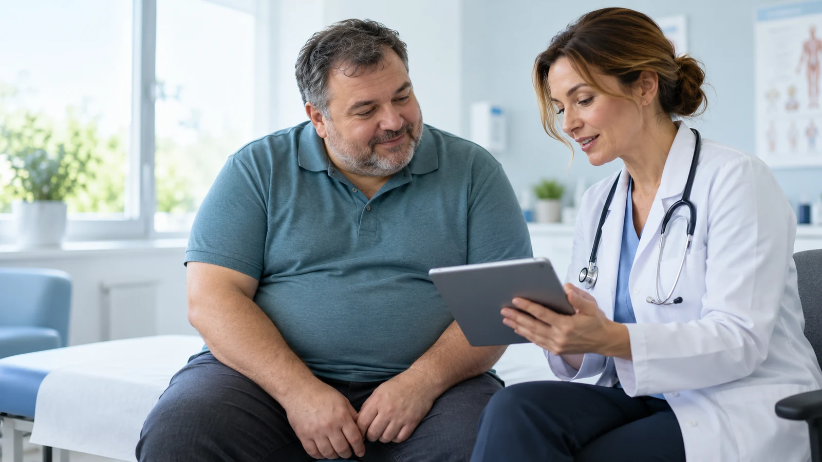 Illustrative obesity consultation, with a doctor and patient reviewing information on a tablet.