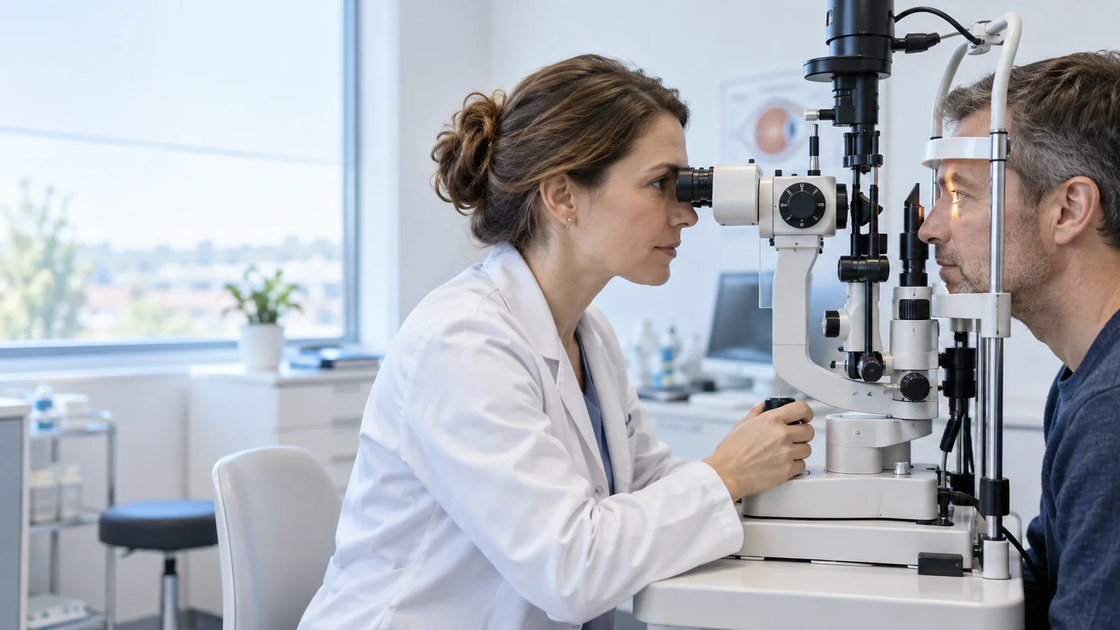 Illustrative eye examination using a slit-lamp biomicroscope.