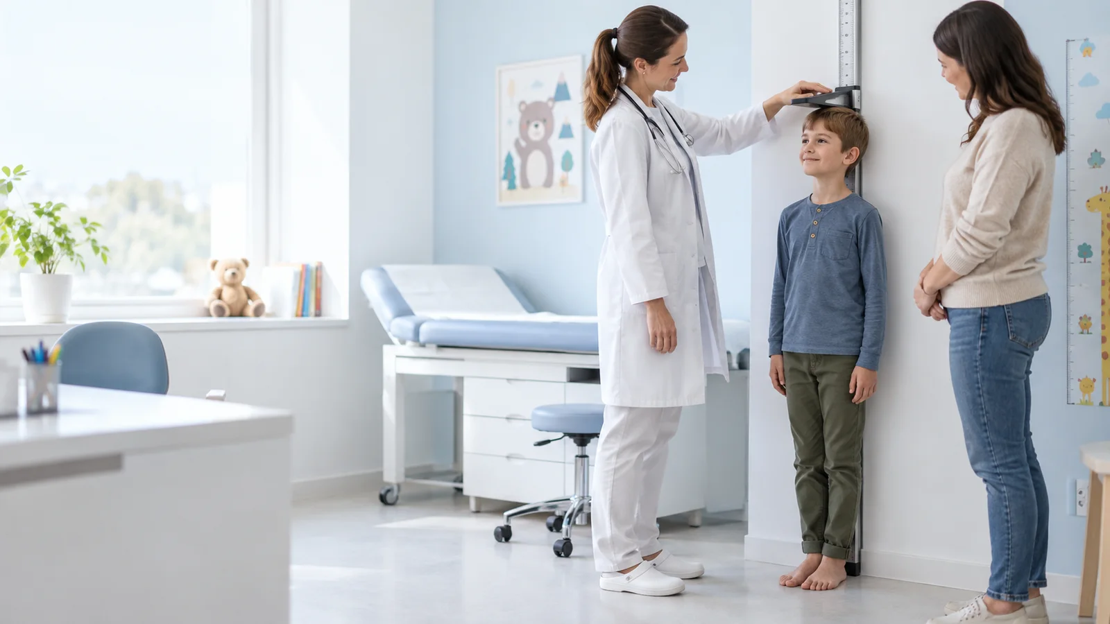 Illustrative paediatric growth check with a parent present. Illustrative paediatric growth check with a parent present.