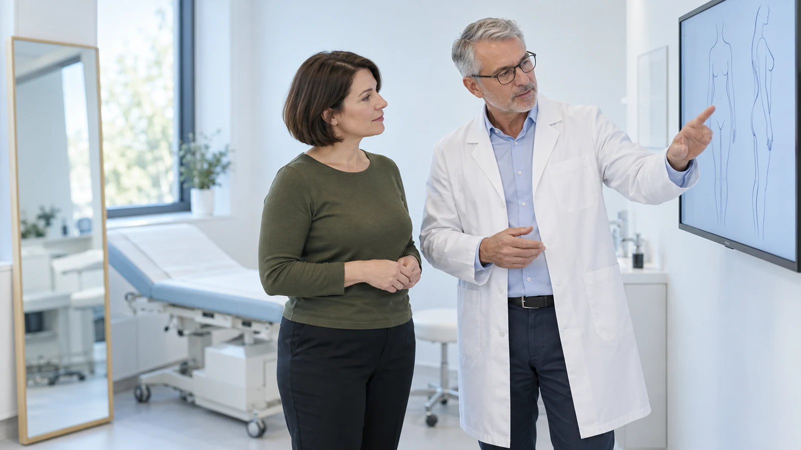 Ilustrační konzultace plastické chirurgie s pacientkou a chirurgem nad nákresem tělesných kontur. Ilustrační konzultace plastické chirurgie s pacientkou a chirurgem nad nákresem tělesných kontur.